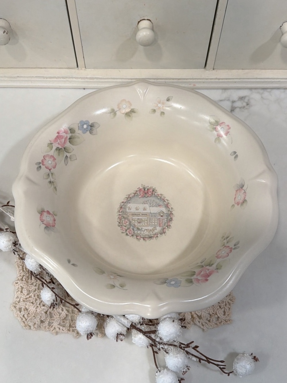 Ivory Phaltzgraff Floral Ceramic Serving Bowl - Pastel Pink & Blue